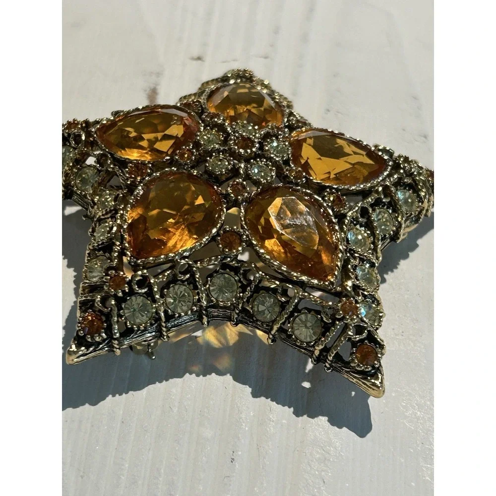 VTG KJL Kenneth J. Lane Orion Star Book Piece Gold Topaz Rhinestone Glass Brooch